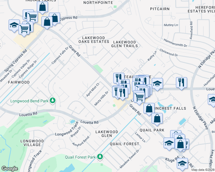map of restaurants, bars, coffee shops, grocery stores, and more near 13322 Autumn Valley Drive in Cypress
