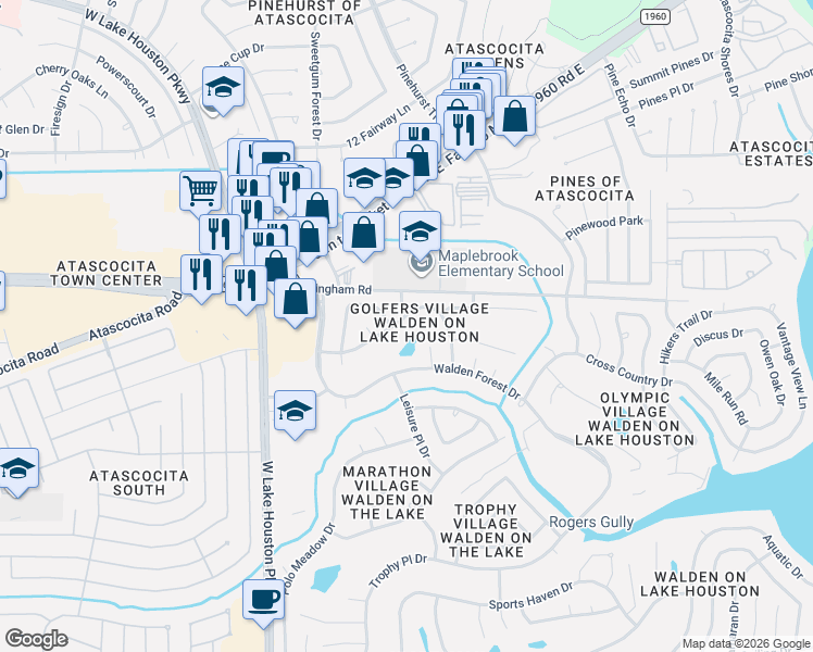 map of restaurants, bars, coffee shops, grocery stores, and more near 19115 Match Play Drive in Humble