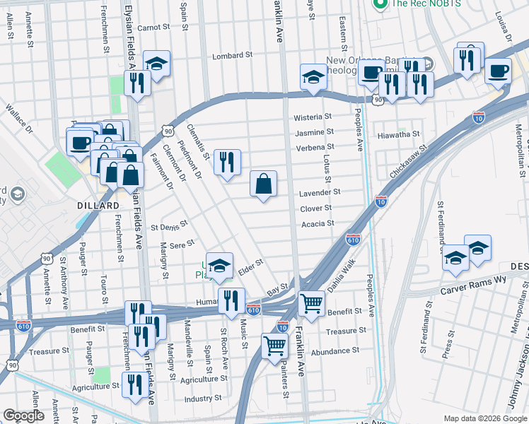 map of restaurants, bars, coffee shops, grocery stores, and more near 2545 Clover Street in New Orleans