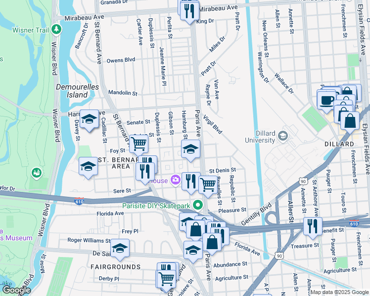 map of restaurants, bars, coffee shops, grocery stores, and more near 3854 Hamburg Street in New Orleans