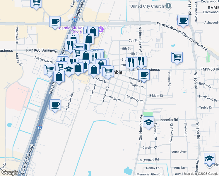 map of restaurants, bars, coffee shops, grocery stores, and more near 311 Granberry Street in Humble