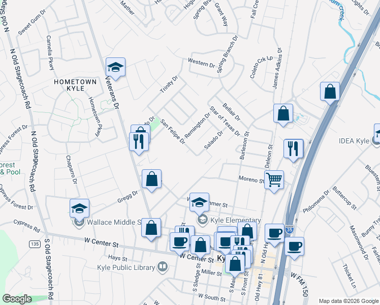 map of restaurants, bars, coffee shops, grocery stores, and more near 247 San Felipe Drive in Kyle