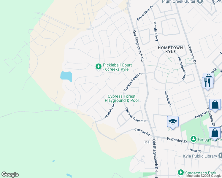 map of restaurants, bars, coffee shops, grocery stores, and more near Lassen Drive in Kyle