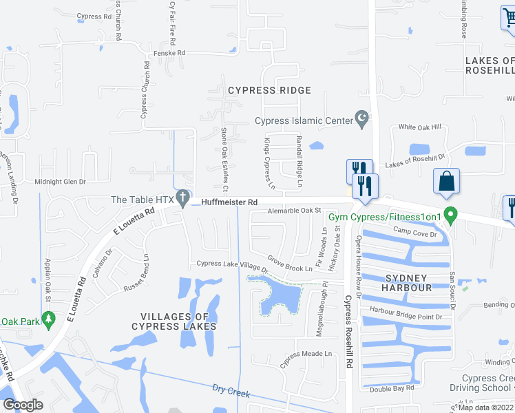 map of restaurants, bars, coffee shops, grocery stores, and more near 18530 Alemarble Oak Street in Cypress