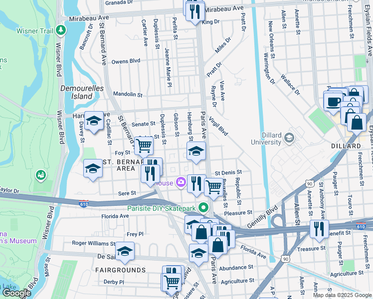 map of restaurants, bars, coffee shops, grocery stores, and more near 1536 Foy Street in New Orleans