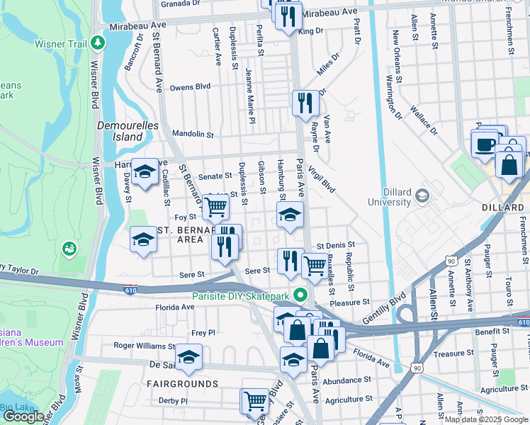 map of restaurants, bars, coffee shops, grocery stores, and more near 3901 Gibson Street in New Orleans