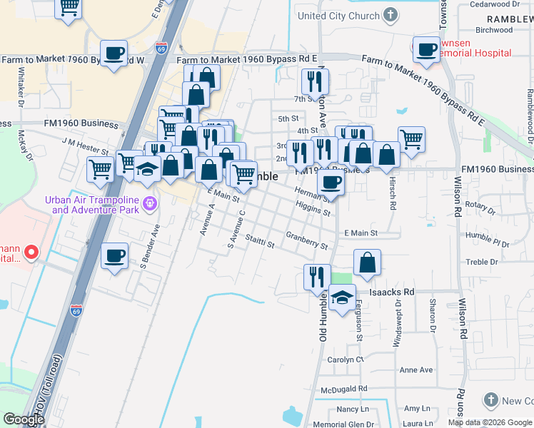 map of restaurants, bars, coffee shops, grocery stores, and more near 502 East Main Street in Humble