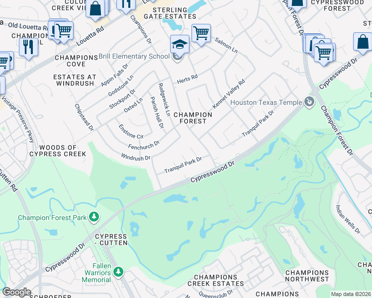 map of restaurants, bars, coffee shops, grocery stores, and more near 15923 Tranquil Park Court in Spring
