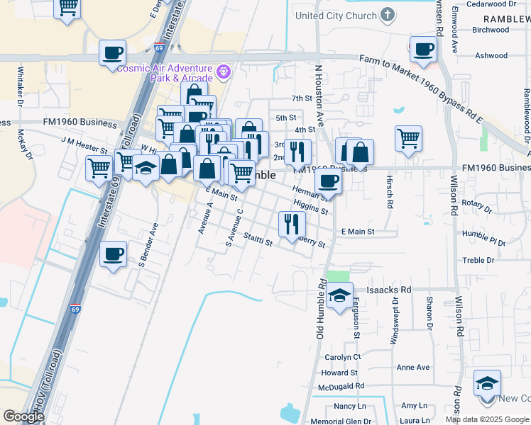 map of restaurants, bars, coffee shops, grocery stores, and more near 502 East Main Street in Humble