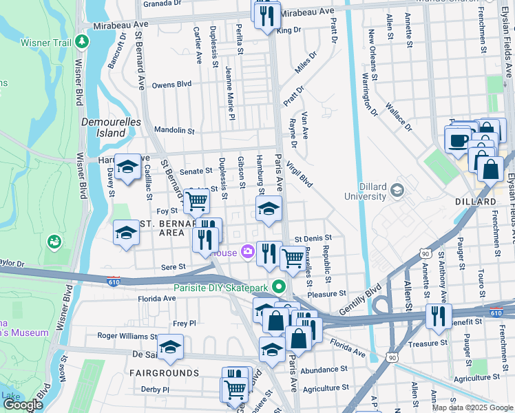 map of restaurants, bars, coffee shops, grocery stores, and more near 1540 Foy Street in New Orleans