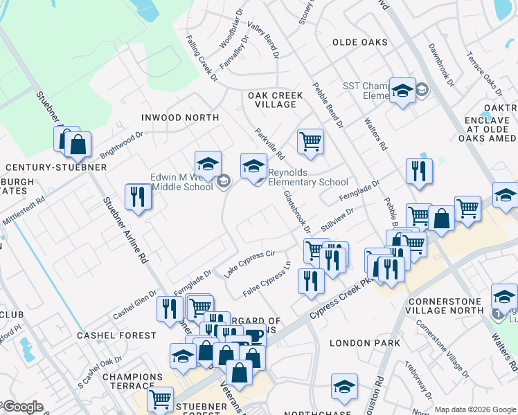 map of restaurants, bars, coffee shops, grocery stores, and more near 4030 Streambed Trail in Houston