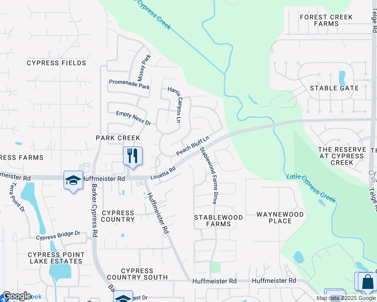 map of restaurants, bars, coffee shops, grocery stores, and more near 16123 Peach Bluff Ln in Cypress