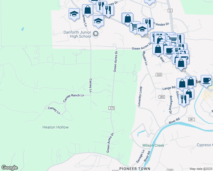 map of restaurants, bars, coffee shops, grocery stores, and more near 610 Green Acres Drive in Wimberley