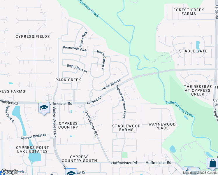 map of restaurants, bars, coffee shops, grocery stores, and more near 16123 Peach Bluff Lane in Cypress