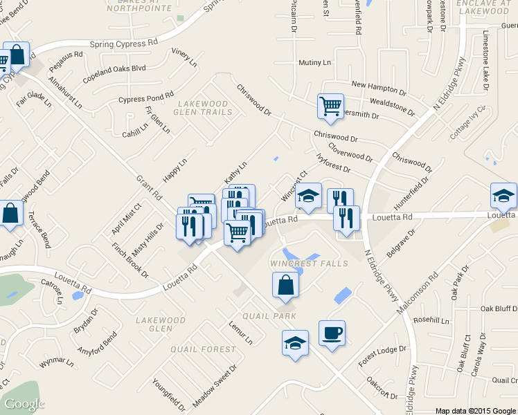 map of restaurants, bars, coffee shops, grocery stores, and more near 13035 Elmington Drive in Cypress