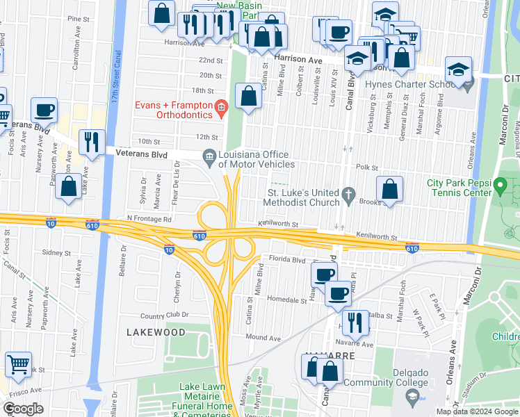 map of restaurants, bars, coffee shops, grocery stores, and more near 5825 Catina Street in New Orleans