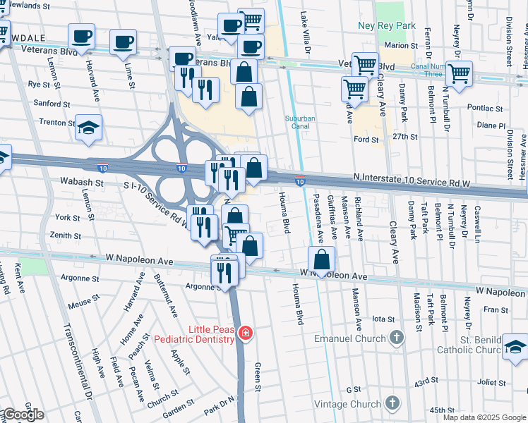 map of restaurants, bars, coffee shops, grocery stores, and more near 4409 Hearst Street in Metairie
