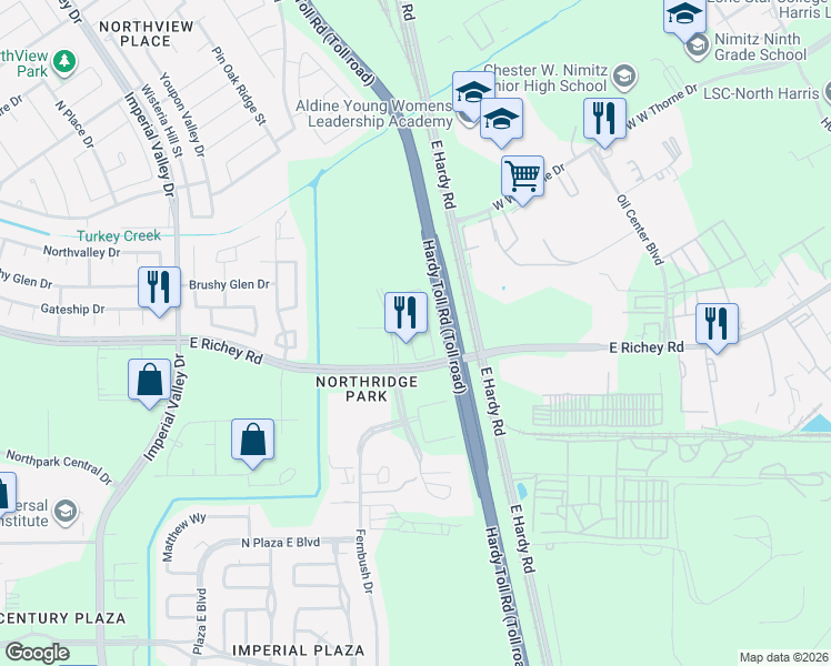 map of restaurants, bars, coffee shops, grocery stores, and more near 19463 Estrella in Houston