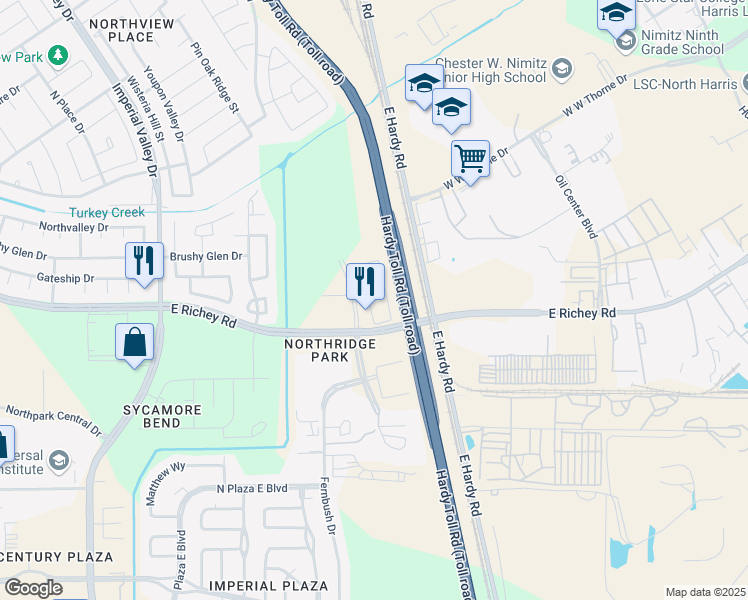 map of restaurants, bars, coffee shops, grocery stores, and more near 19463 Estrella in Houston