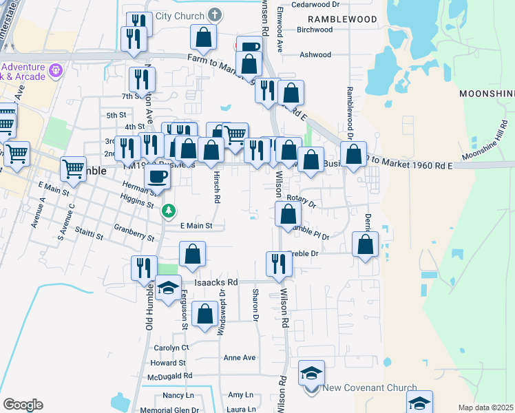 map of restaurants, bars, coffee shops, grocery stores, and more near 240 Dennis Avenue in Humble