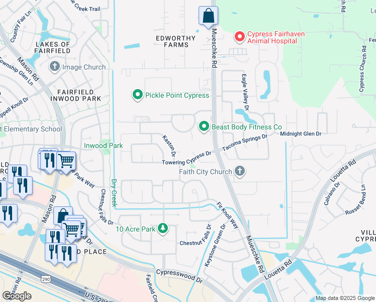 map of restaurants, bars, coffee shops, grocery stores, and more near 15315 Paxton Landing Lane in Cypress