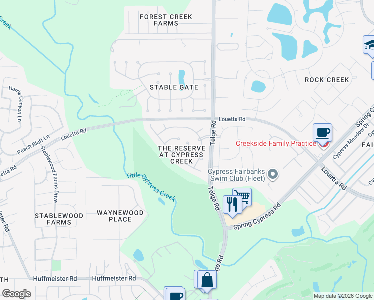 map of restaurants, bars, coffee shops, grocery stores, and more near 15131 Blackburn Cove Court in Cypress