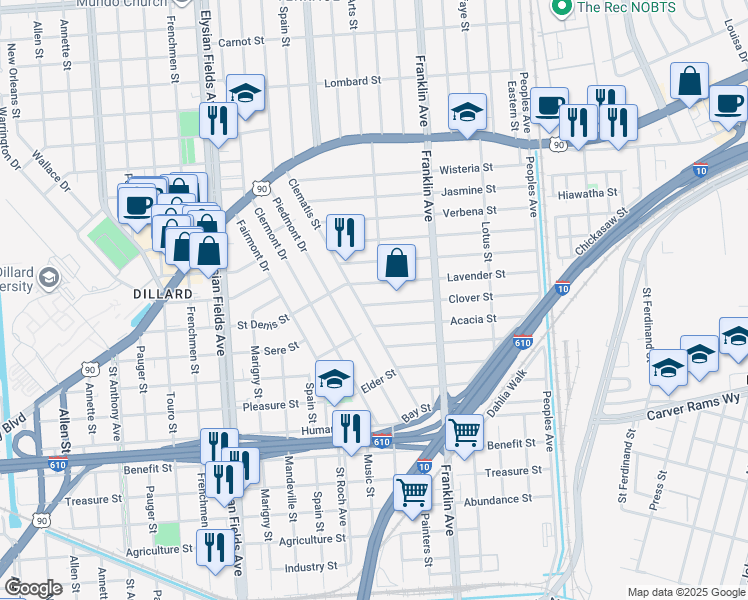 map of restaurants, bars, coffee shops, grocery stores, and more near 2423 Clover Street in New Orleans