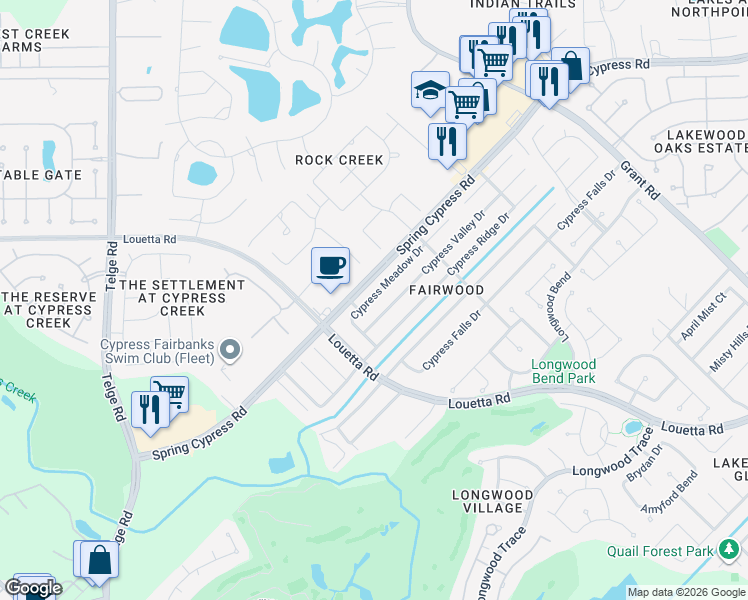 map of restaurants, bars, coffee shops, grocery stores, and more near 14711 Cypress Meadow Dr in Cypress