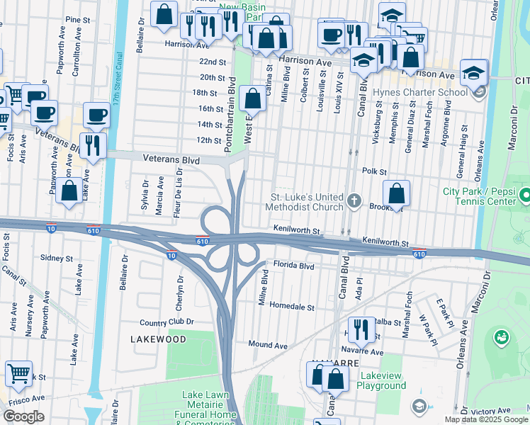 map of restaurants, bars, coffee shops, grocery stores, and more near 5821 Catina Street in New Orleans