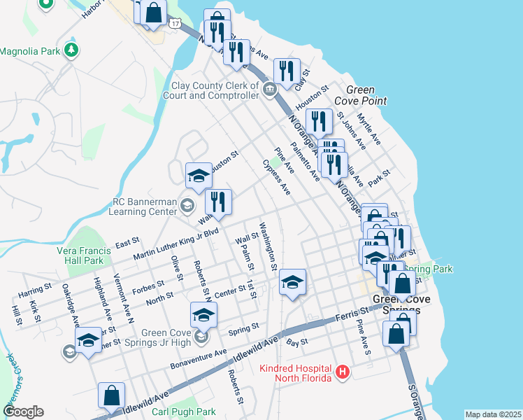 map of restaurants, bars, coffee shops, grocery stores, and more near 603 Washington Lane in Green Cove Springs