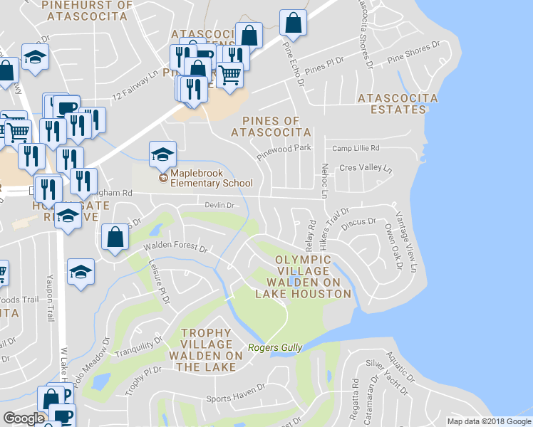 map of restaurants, bars, coffee shops, grocery stores, and more near 19126 Sprinters Drive in Humble