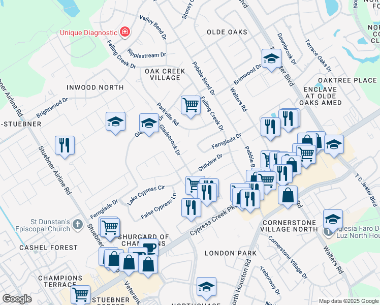 map of restaurants, bars, coffee shops, grocery stores, and more near 3903 Glenheather Drive in Houston