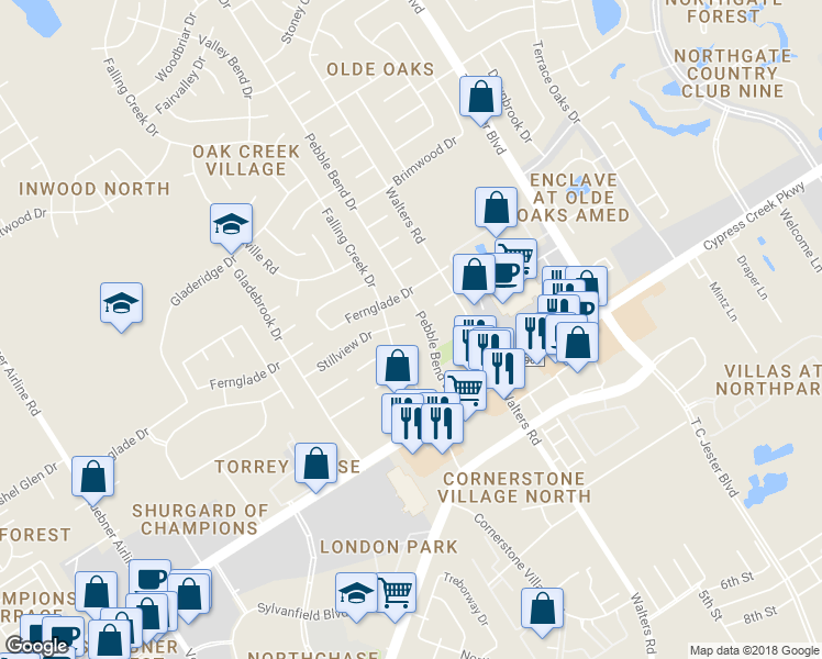 map of restaurants, bars, coffee shops, grocery stores, and more near 3703 Stillview Drive in Houston