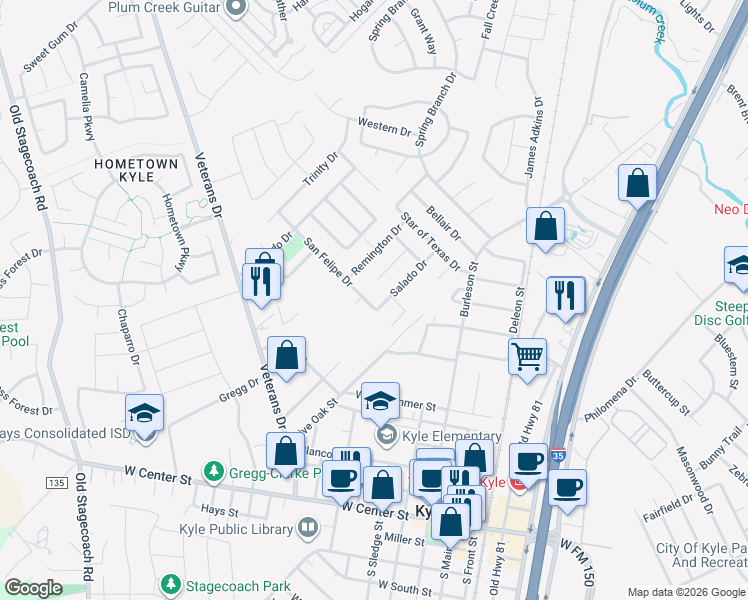 map of restaurants, bars, coffee shops, grocery stores, and more near 247 San Felipe Drive in Kyle