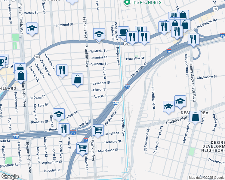 map of restaurants, bars, coffee shops, grocery stores, and more near 2738 Clover Street in New Orleans