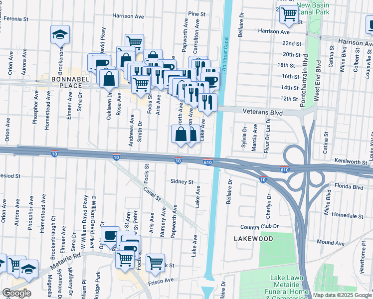 map of restaurants, bars, coffee shops, grocery stores, and more near 710 Carrollton Avenue in Metairie