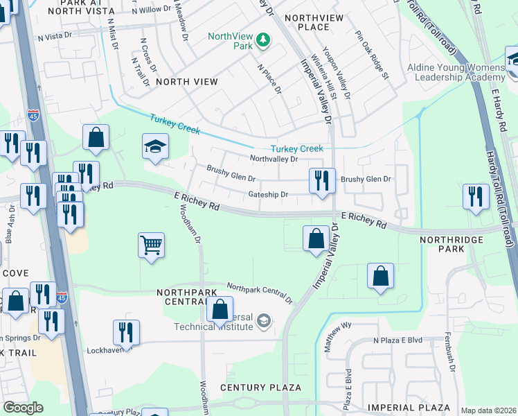map of restaurants, bars, coffee shops, grocery stores, and more near 15914 Northtrace Drive in Houston