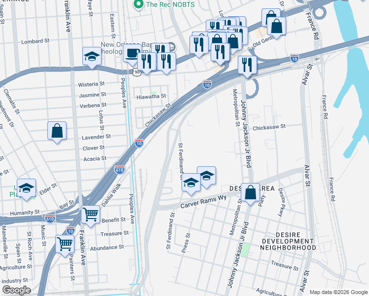 map of restaurants, bars, coffee shops, grocery stores, and more near 3649 Saint Ferdinand Street in New Orleans