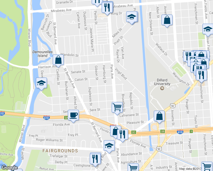 map of restaurants, bars, coffee shops, grocery stores, and more near 1532 Foy Street in New Orleans