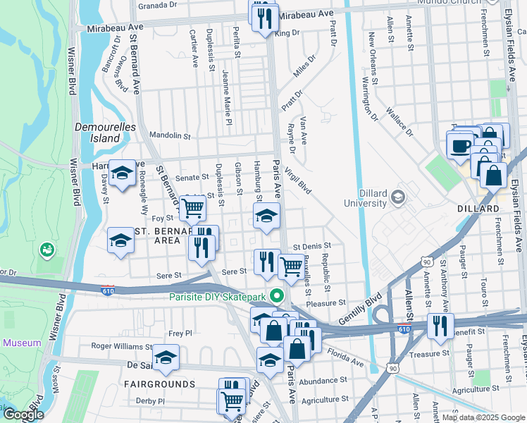 map of restaurants, bars, coffee shops, grocery stores, and more near 1538 Foy Street in New Orleans