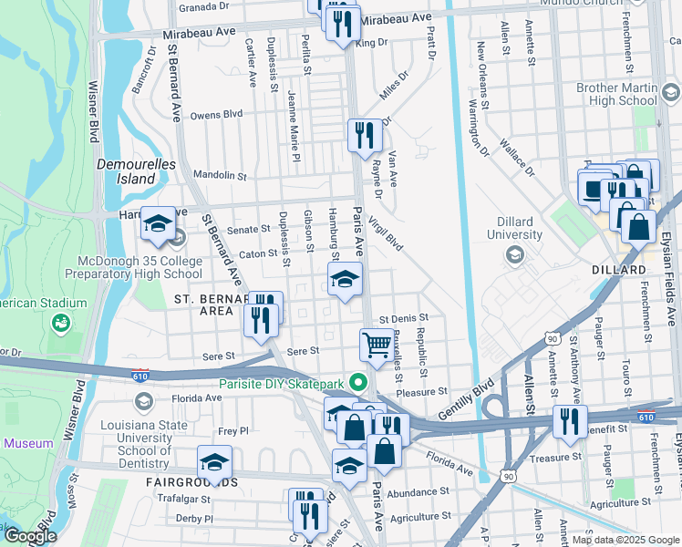 map of restaurants, bars, coffee shops, grocery stores, and more near 1536 Foy Street in New Orleans