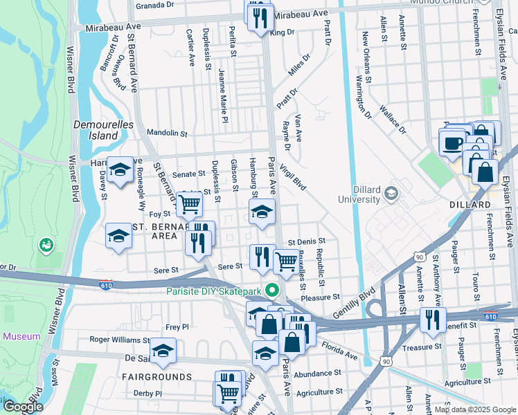 map of restaurants, bars, coffee shops, grocery stores, and more near 1538 Foy Street in New Orleans