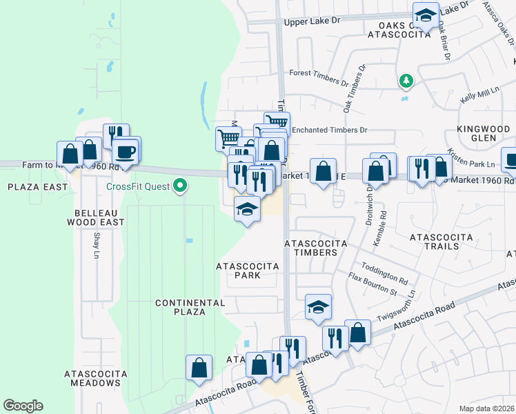 map of restaurants, bars, coffee shops, grocery stores, and more near 5326 Farm to Market 1960 in Atascocita