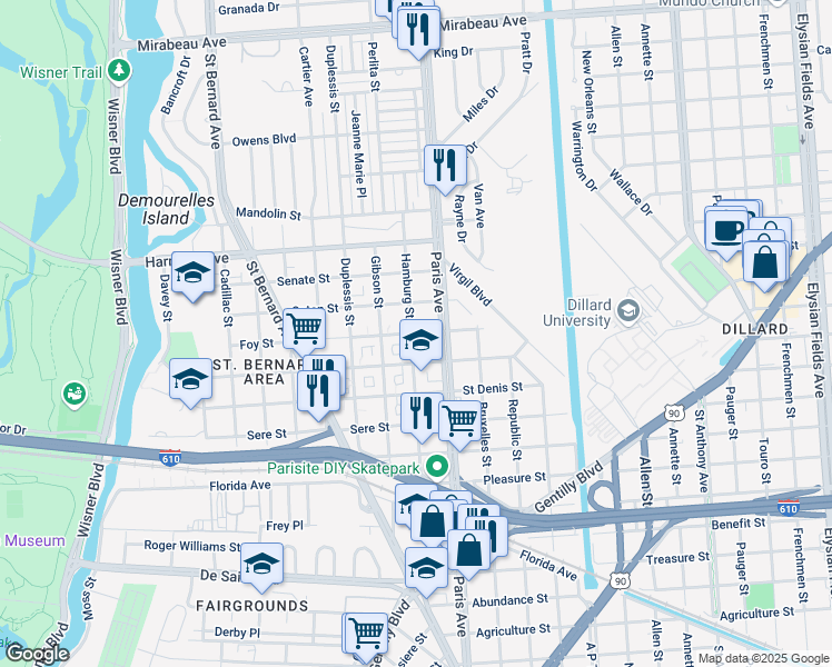 map of restaurants, bars, coffee shops, grocery stores, and more near 1540 Foy Street in New Orleans