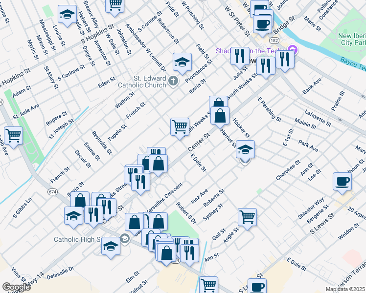 map of restaurants, bars, coffee shops, grocery stores, and more near 322 East Dale Street in New Iberia