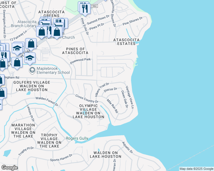 map of restaurants, bars, coffee shops, grocery stores, and more near 19222 Hikers Trail Drive in Humble