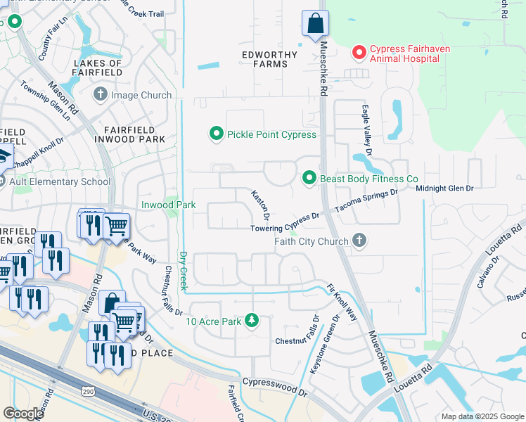 map of restaurants, bars, coffee shops, grocery stores, and more near 15327 Kaston Drive in Cypress
