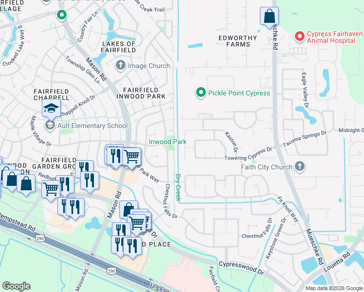 map of restaurants, bars, coffee shops, grocery stores, and more near 15403 Pattington Cypress Drive in Harris County