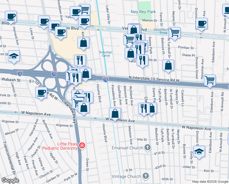 map of restaurants, bars, coffee shops, grocery stores, and more near 2420 Giuffrias Avenue in Metairie