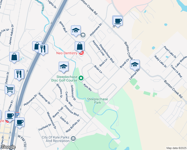 map of restaurants, bars, coffee shops, grocery stores, and more near 161 Stephen Court in Kyle